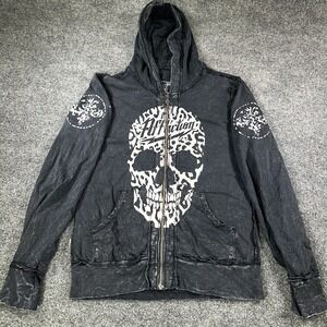 AFFLICTION Hoodie M Reversible Thermal Sweatshirt Skull Cross Floral Gothic Y2K
